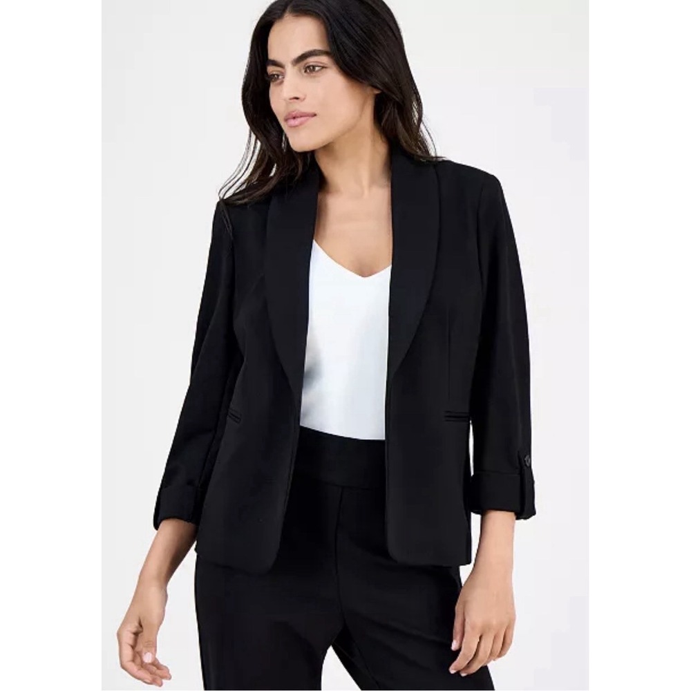 Anne Klein Blazer Black Open Front Shawl Collar 3/4 Sleeve Stretch Size Large